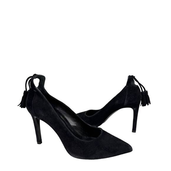 MAJE Womens Black Suede Leather Pointed Toe Tassel Pump Heels Size EU 37 US 6.5 - Picture 1 of 7